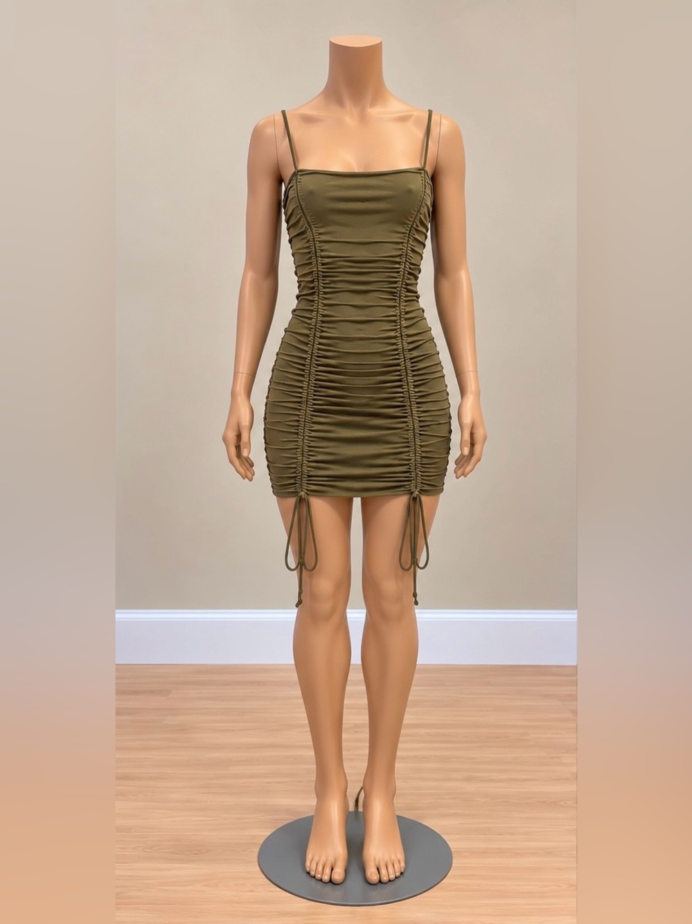 OOTDFash Mocha Taupe Ruched Bodycon Mini Dress Drawstring Spaghetti Strap XS